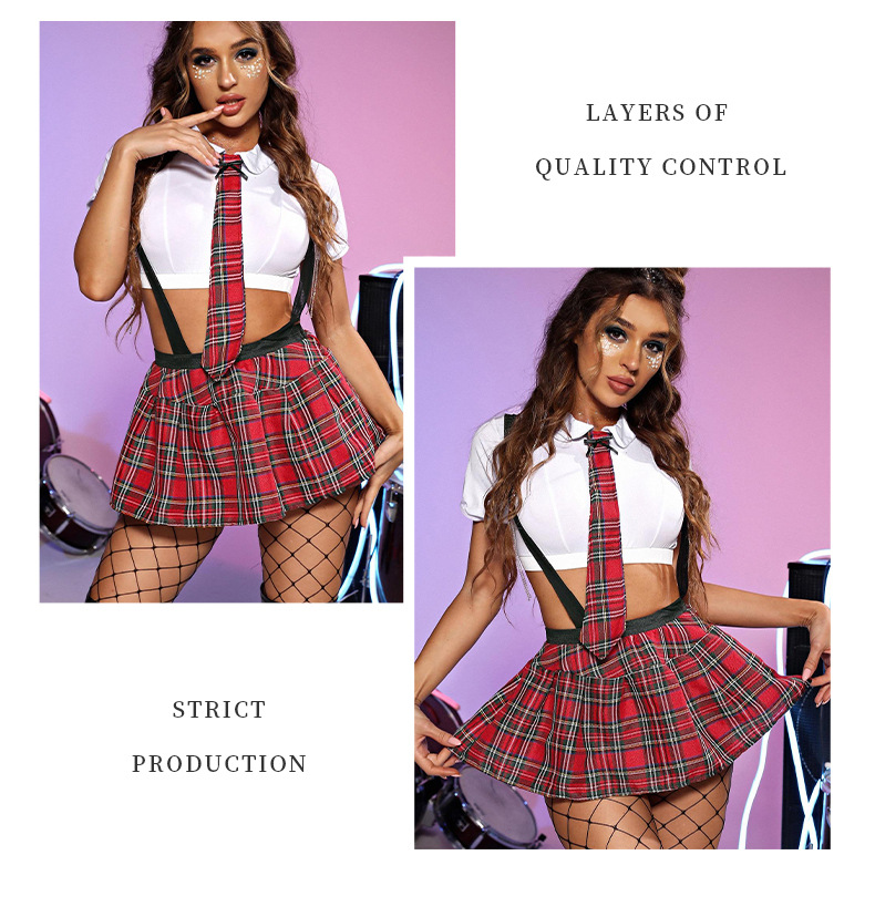 Plaid Pleated Skirt Costume Set with Crop Top and Tie For Halloween Party
